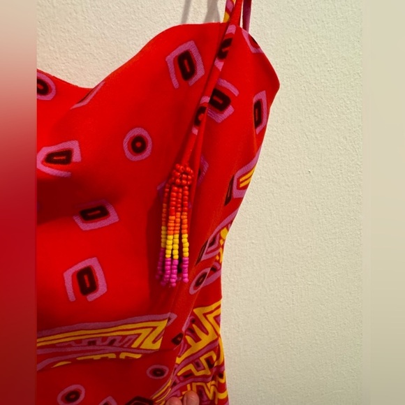 House Of Harlow 1960 Red Tiki Banana Print Sleeveless Beaded Midi Dress Size S - Picture 8 of 10